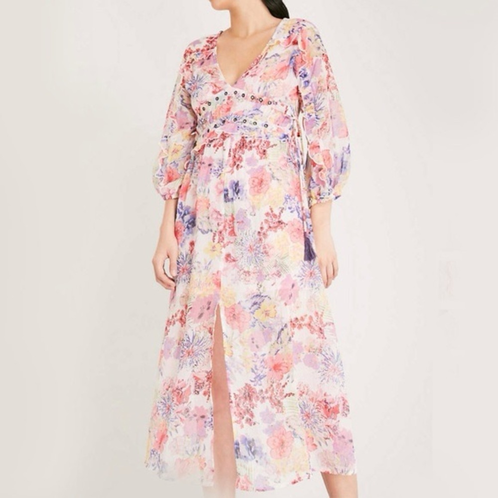 Topshop Floral Eyelet Lace Up Midi Dress Size 4